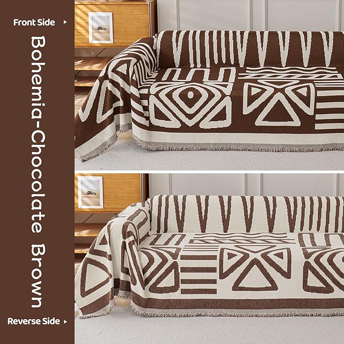 STACYPIK Soft Breathable Boho Chocolate Sofa Cover Stain Resistant Furniture Protector for 3 Cushion Couch Washable Sofa Cover for Dogs Cats Dark Khaki Reversible Sectional Covers for Sofa-91X150IN
