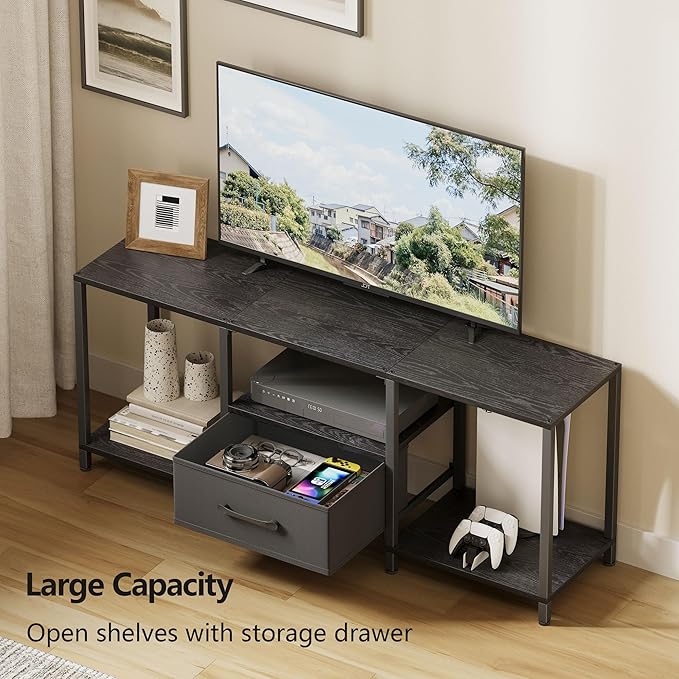 TV Stand with Fabric Drawer for 55 Inch TV, Entertainment Center with Open Shelves, Media TV Console Table for Living Room, Bedroom, Black