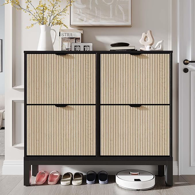 GarveeHome Shoe Storage Cabinet with 4 Flip Drawers, Farmhouse Fluted Shoe Organizer with Metal Legs, Freestanding Hidden Slim Narrow Shoe Rack for Entryway, Foyer, Hallway