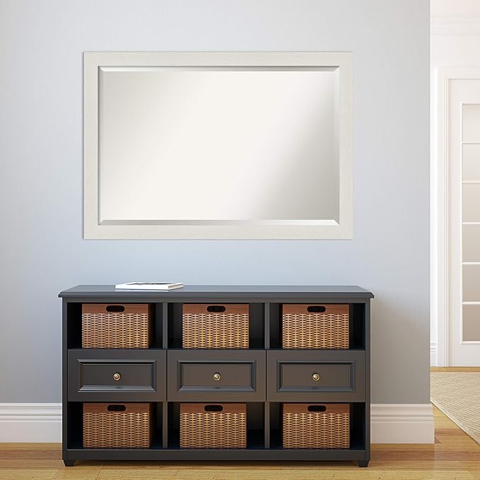Amanti Art White Bathroom Mirror for Over Sink, 28x40 Rustic Plank White Narrow Rectangle Vanity Mirror, Large Rustic Farmhouse Frame, Hangs Horizonally and Vertically, Bathroom Wall Decor, Beveled