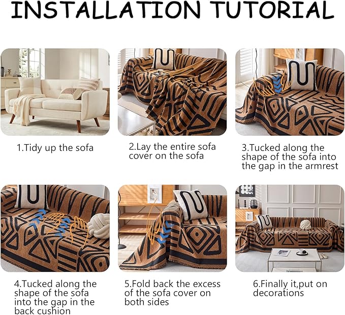 HANDONTIME Boho Geometric Couch Covers for Sofa Pet Friendly Brown and Black Sofa Covers Washable Chenille Couch Blanket Cover for 3 4 Cushion Couches Pet Protector Furniture Cover Soft, 71" X 150"