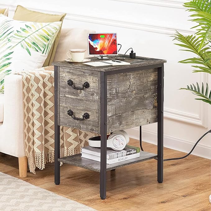 VECELO End Tables,Narrow Nightstands with Charging Station & USB Ports &Drawers,Night Stand for Living Room, Bedroom,Misty Gray