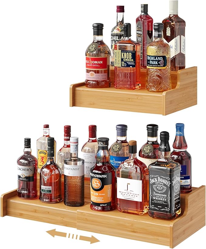 X-cosrack Expandable Liquor Bottle Display Shelf, Tabletop Wine Rack, Countertop Coffee Syrup Organizer Rack, Bamboo Bottle Stand for Liquor Whiskey Display Bar Shelves, Home Bar Display