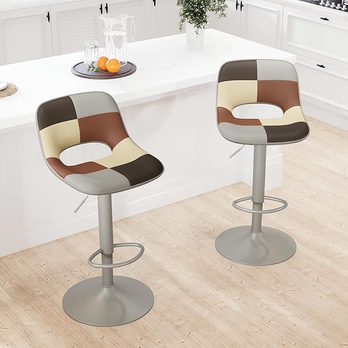 YOUNIKE Bar Stools Set of 2, Boho Colorful Patchwork Faux Leather Barstools, Adjustable Swivel Counter Height Bar Stool Upholstered Counter Stools with Hollow Back for Kitchen Island, GreyBeige