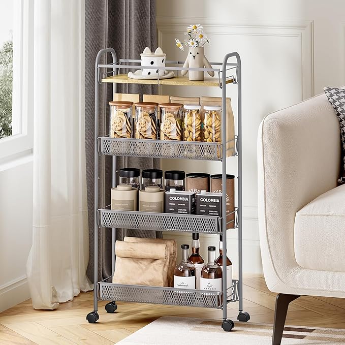 KINGRACK Metal Slim Rolling Cart,4-Tier Metal Utility Cart,Storage Cart with Wooden Tabletop, for Narrow Space on Laundry Bathroom Kitchen Room Bedroom Apartments Dormitory (Light Grey, Slim)