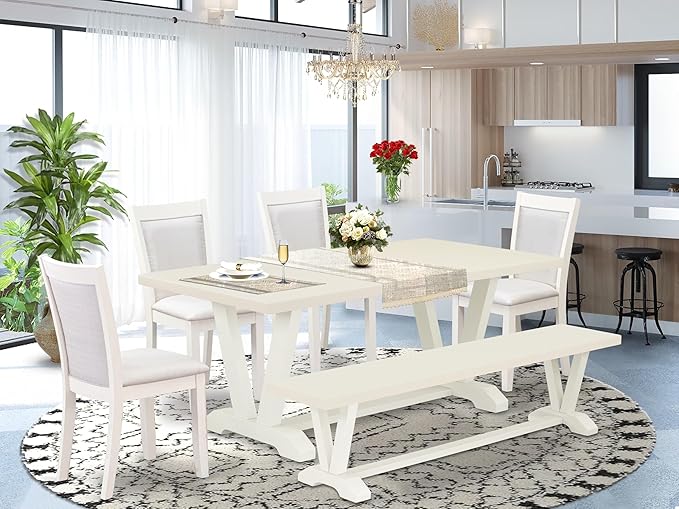 East West Furniture V027MZ001-6 6 Piece Dining Set Contains a Rectangle Dining Room Table with V-Legs and 4 Cream Linen Fabric Upholstered Chairs with a Bench, 40x72 Inch, Multi-Color