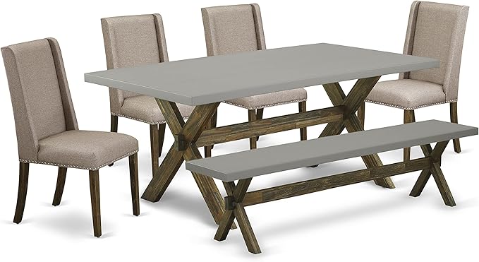 East West Furniture X797FL716-6 6 Piece Dining Table Set Contains a Rectangle Kitchen Table with X-Legs and 4 Dark Khaki Linen Fabric Parson Chairs with a Bench, 40x72 Inch, Multi-Color