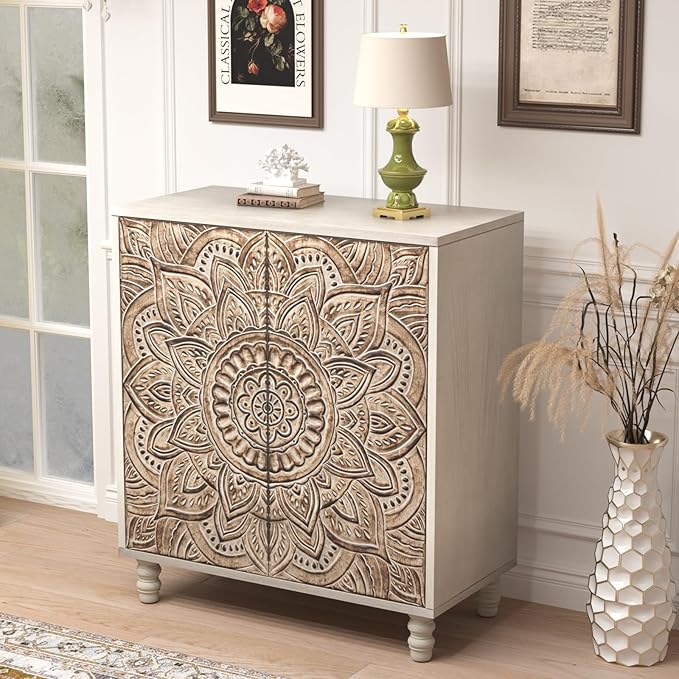 COSIEST 32" W Sideboard Buffet Cabinet with Storage, Accent Cabinet with 2 Push-to-Open Magnetic Doors, Vintage MDF Buffet Table for Living Room, Kitchen, Hallway (Gray,Lotus Pattern)