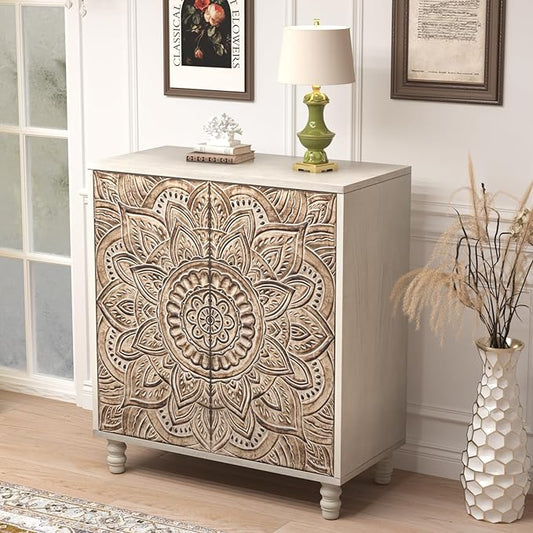 COSIEST 32" W Sideboard Buffet Cabinet with Storage, Accent Cabinet with 2 Push-to-Open Magnetic Doors, Vintage MDF Buffet Table for Living Room, Kitchen, Hallway (Gray,Lotus Pattern)