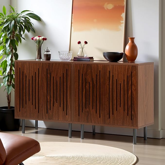 59" Sideboard Buffet Cabinet with Storage, Kitchen Buffet Storage Cabinet Set of 2, Modern Sideboard with Doors & Adjustable Shelves for Living Room, Kitchen, Hallway, Dark Walnut