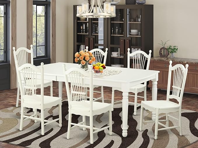 East West Furniture DOVE7-LWH-W 7 Piece Dining Table Set Consist of a Rectangle Dining Room Table with Butterfly Leaf and 6 Wooden Seat Chairs, 42x78 Inch, Linen White