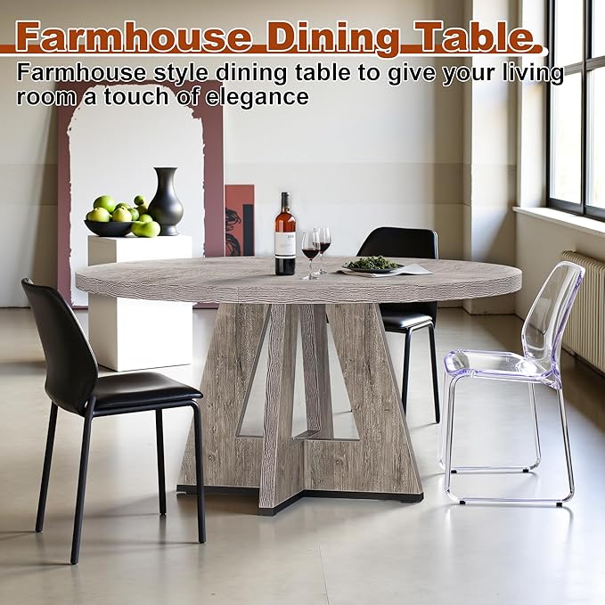 Round Dining Table for 4, 47 Inch Dinner Table Farmhouse Wooden Circle Kitchen Tables with Cross Base for Dining Room, Kitchen, Living Room, Gray