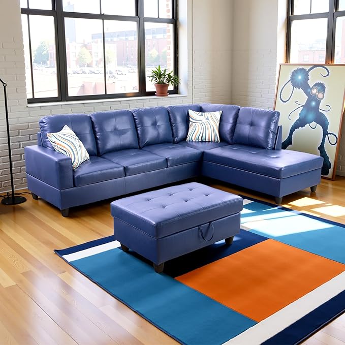 Couches for Living Room PU Leather L Shaped Couch Comfy 3 Pieces Sectional Sofa with Chaise, Ottoman with Storage for Office and Small Apartment, Blue