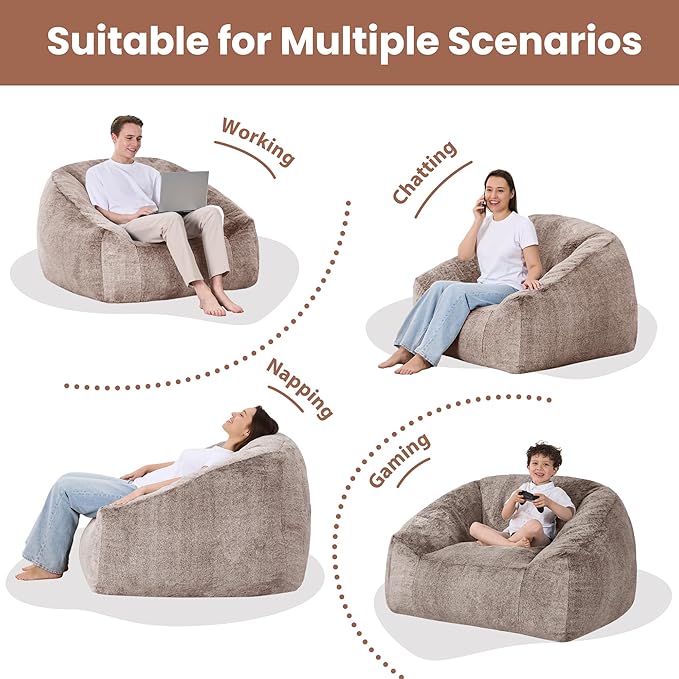 Bean Bag Chairs for Adults, Giant Beanbag Sofa Comfy Reading Chair, Oversized Bean Bag Chairs for Living Room Bedroom, Soft Faux Fur Fabric, 3.2FT, Khaki, Plush