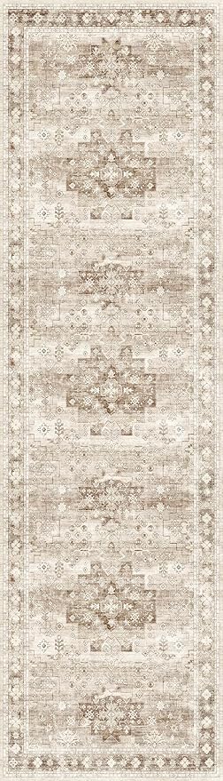 Boho 2x7 Long Runner, Neutral Farmhouse Bedside Rug, Small Throw Runners for Bedroom Hallway Bathroom Kitchen, Vintage Floral Decor & Non-Slip Low-Pile Washable Stain Resistant Beige Latte Rug