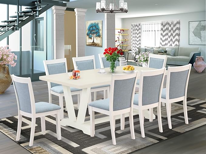 East West Furniture V027MZ015-9 9 Piece Kitchen Table & Chairs Set Includes a Rectangle Dining Room Table with V-Legs and 8 Baby Blue Linen Fabric Parsons Chairs, 40x72 Inch, Multi-Color