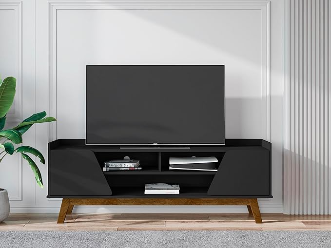 Manhattan Comfort Marcus Mid Century Modern 65 Inch TV Stand with Solid Wood Legs, Cable Management, 5 Shelves and Soft Close Doors, Entertainment Center and Media Console for Living Room, Black