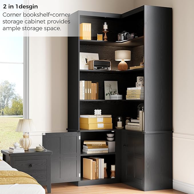 IRONCK Corner Bookshelf with Doors, 6 Tier Bookcase with Storage, Corner Shelf with Cabinet, Large Tall Bookshelf for Living Room, Home Office, Bedroom,Black