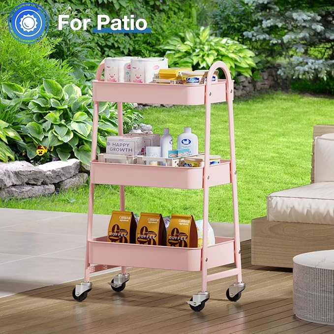 OLIXIS 3 Tier Utility Rolling Cart, Metal Mobile Storage Shelf with Lockable Caster Wheels, Organization for Livingroom, Bathroom, Kitchen, & Narrow Places, Pink