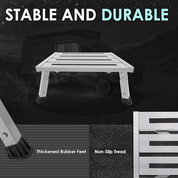 Adjustable Height Aluminum RV Step, Stable Foldable Platform Step Stool, Supports Up to 1,000 lb, Non-Slip Rubber Feet and Platform Mat, Easy to Carry (Silver)