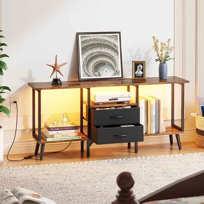 Small TV Stand with Fabric Drawers/LED Light for 55 inch TV, Entertainment Center with Storage Open Shelves，Media Console Table for Living Room, Bedroom, Rustic Brown