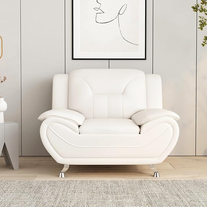 Container Furniture Direct Michael Modern Faux Leather Upholstered Stainless Steel Legs Living Room, Chair, Milky White