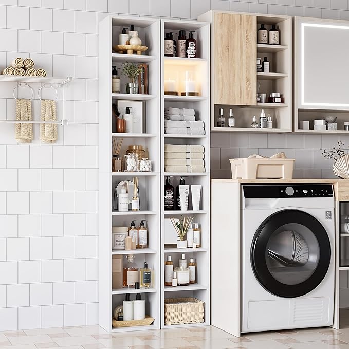 Bamjoy 71 Inches Tall Narrow Bookshelf, 8-Tier CD DVD Slim Media Tower Rack, Corner Bookcase with Adjustable Shelves, Skinny Cubes Bookshelves for Home Office Small Space, White