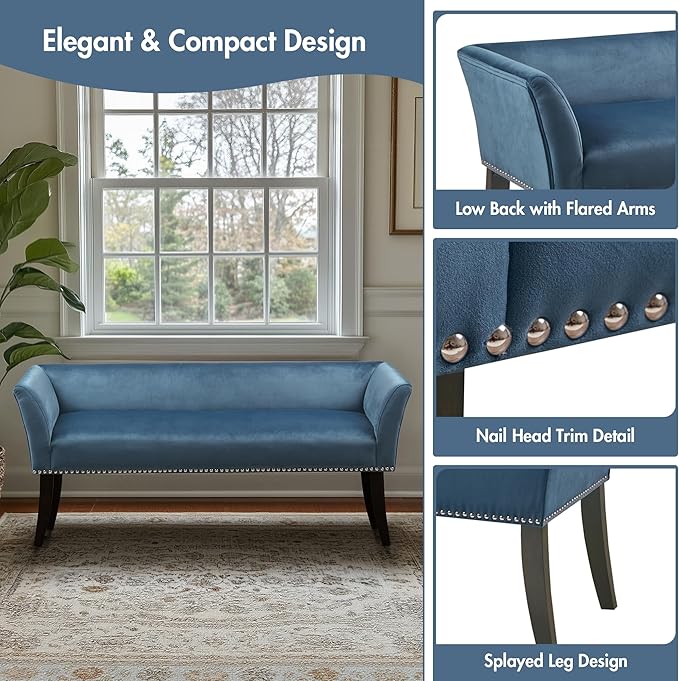 Madison Park Accent Bench, Upholstered with Nailhead Trim, & Padded Seat Entryway Bench Small, End of Bed Bench with Back, 49.5" W x 19.25" D x 23" H, Blue