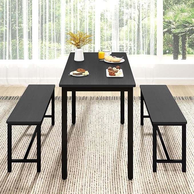 Rovibek 43" Dining Table Benches Set for 4, Modern Space Saving Kitchen Table Chairs & Adjustable Feet Breakfast Table 2 Benches, Wooden Industrial Style Farmhouse, Black