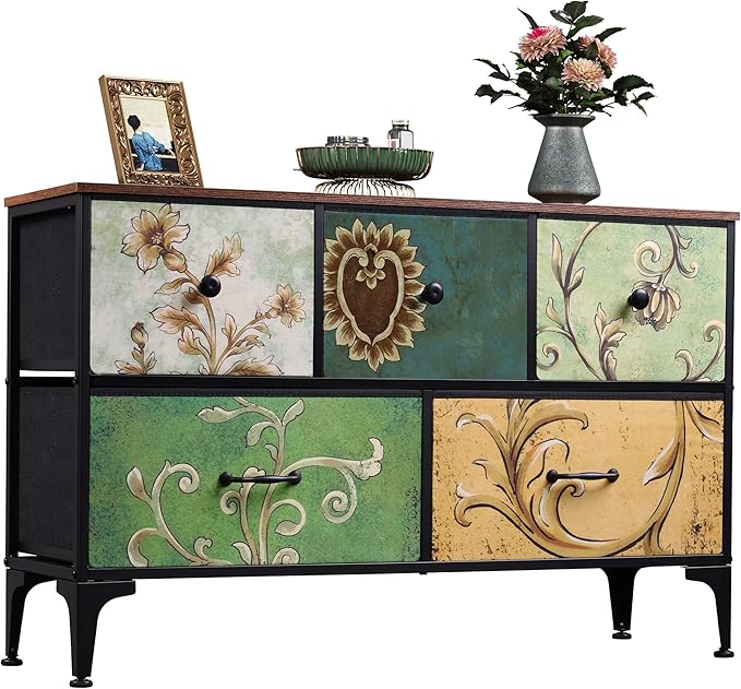 WLIVE Dresser for Bedroom with 5 Drawers, Wide Chest of Drawers, Fabric Dresser, Storage Organizer Unit with Fabric Bins for Closet, Living Room, Hallway, Floral Painted