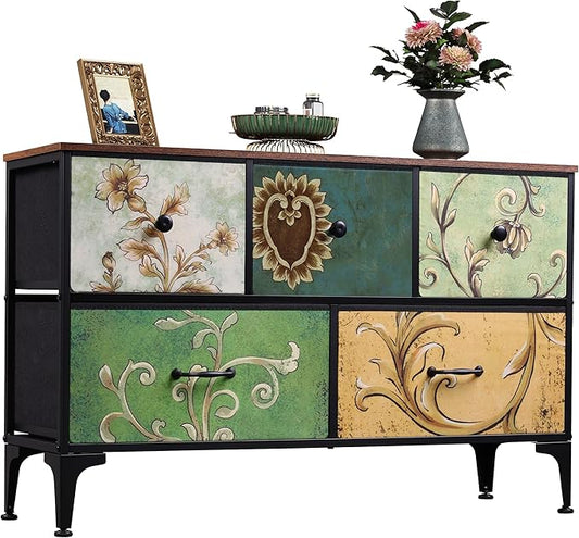 WLIVE Dresser for Bedroom with 5 Drawers, Wide Chest of Drawers, Fabric Dresser, Storage Organizer Unit with Fabric Bins for Closet, Living Room, Hallway, Floral Painted