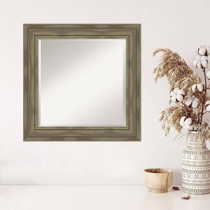 Amanti Art Grey Wall Mirror 26x26 Alexandria Greywash Square Bathroom Mirror for Wall Decor Living Room, Medium Country Rustic Wood Frame, Hangs Horizonally and Vertically, Bathroom Decor, Beveled