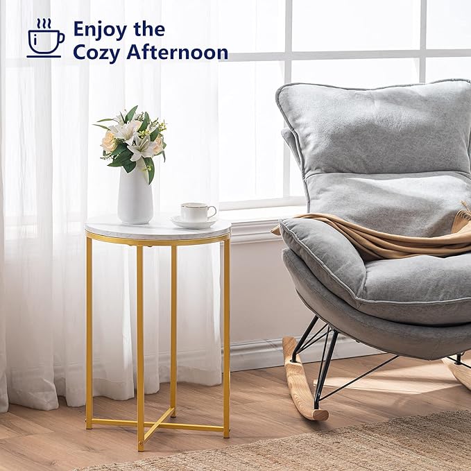 TECHMILLY Round End Table, Faux Marble Sofa Table, Accent Side Table with Metal Frame, Modern Gold Nightstand, Tall Coffee Table for Living Room, Bedroom