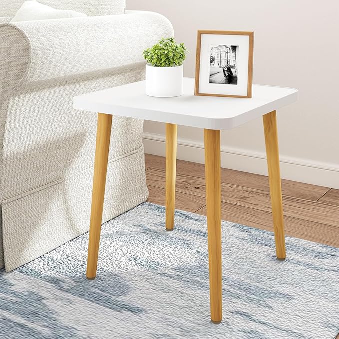 Simple End Table,Modern Side Table with 4 Solid Wood Sturdy Legs for Living Room,Nightstand Bedside Table for Bedroom Balcony (White)