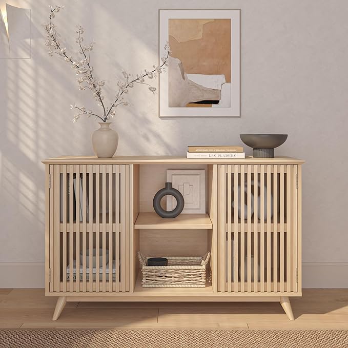 Plank+Beam Mid-Century Modern Wood TV Stand, Solid Wood Entertainment Console with Storage, 49" L x 16" W x 30" H, Blonde