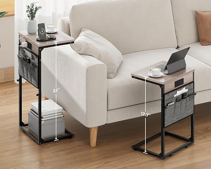 Vagusicc C Shaped End Table with Charging Station, 33" Tall Side Table for Couch, C Table Adjustable Height Small Couch Side Table, Slide Under Sofa Table TV Tray Arm Table for Living Room, Greige