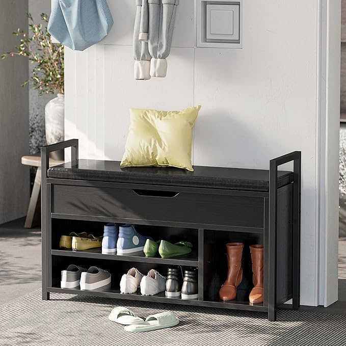 IRONCK Shoe Storage Bench, Entryway Bench with Lift Top Storage Box, Metal and Board Bench for Entryway, Two Tier Shoe Rack Organizer for Entryway, Bedroom, Hallway, Black