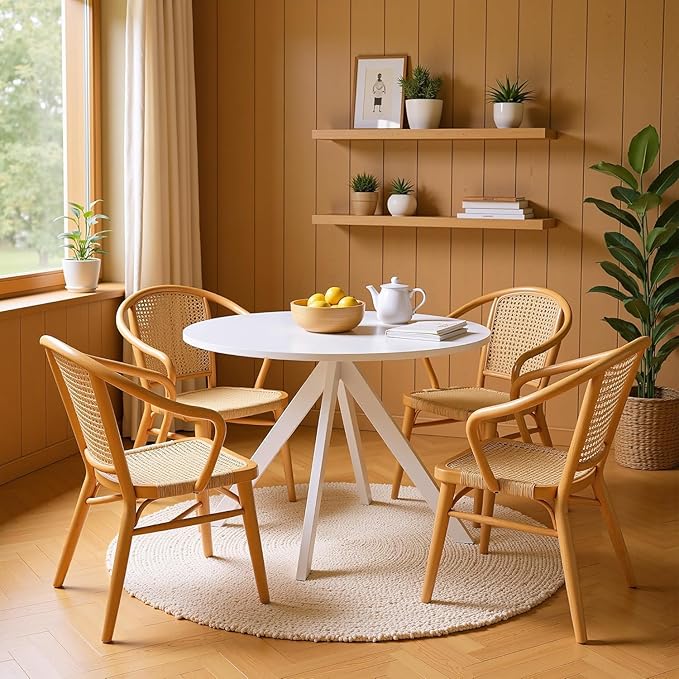 Round Dining Table for 4, 47 Inch Modern Dinner Table Small Round Dining Room Tables, Mid Century Kitchen Tables for Small Space, Kitchen, Living Room, Steel Legs, White