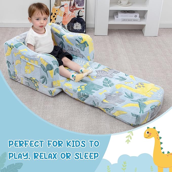 Comfy Toddler Chair and Couch for Kids with Blanket,2-in-1 Soft Plush Fold Out Toddler Couch for Girls and Boys,Convertible Sofa to Lounger for Playroom,Glowing Dinosaur