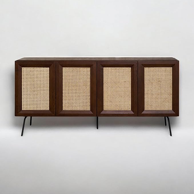 NTC MOSSIC Modern Sideboard with 4 Doors, Natural Rattan Storage Cabinet, Buffet with Metal Legs, Boho Accent Cabinet for Living Room, and Entryway, Effortless Assembly - Dark Walnut