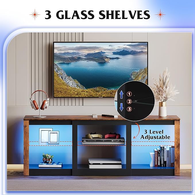 WLIVE LED TV Stand for 65 Inch TV, Modern Entertainment Center with Adjustable Glass Shelves & Customizable LED Lights, Sturdy Media Console for Living Room, Bedroom,Gaming (Brown)