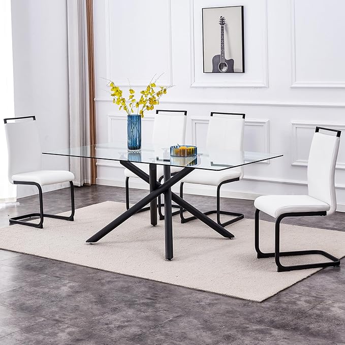 Modern Dining Chairs Set of 4,High Back Kitchen Chairs,Side Room Chair with Black Powder Coating Metal Legs,Easy to Clean Upholstered Dining Chairs,Ideal for Living Room(White Chairs)