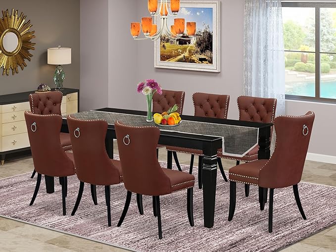 East West Furniture LGDA9-BLK-26 9 Piece Kitchen Set Consists of a Rectangle Dining Table with Butterfly Leaf and 8 Polyester Fabric Upholstered Chairs, 42x84 Inch, Black