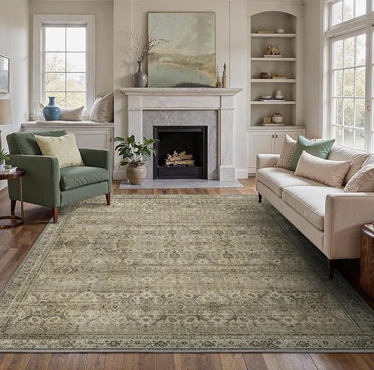 8X10 Area Rugs Machine Washable Rugs for Living Room, Vintage Boho Large Rugs for Bedroom Dining Room, Non Slip Indoor Soft Distressed Lightweight Thin Low Pile Carpet, Muted Sage