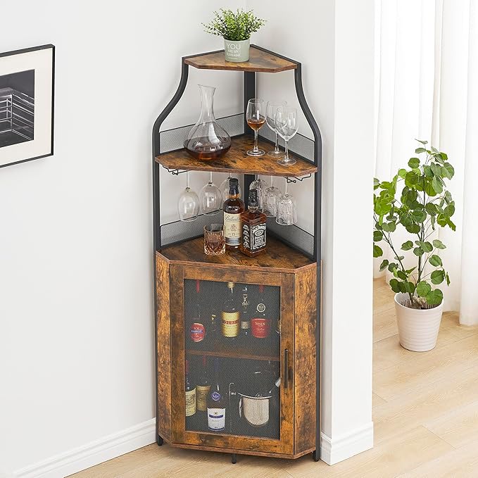 GarveeHome Corner Wine Cabinet with Detachable Wine Rack, 5-Tier Industrial Corner Bar Cabinet with Barn Door and Glass Holder, Farmhouse Buffet Cabinet and Home Bar, Rustic Brown