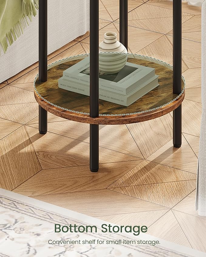 Round Side Table, 2-Tier End Table, Small Side Table with Metal Tube, Industrial Coffee Table, for Living Room, Bedroom, Rustic Brown and Black TBZ11BF