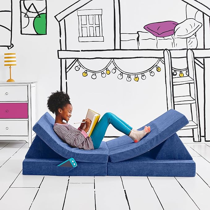 Yourigami Kids and Toddler Play Couch, Convertible Folding Sofa, Durable Foam Modular Design, Sapphire Caves XL