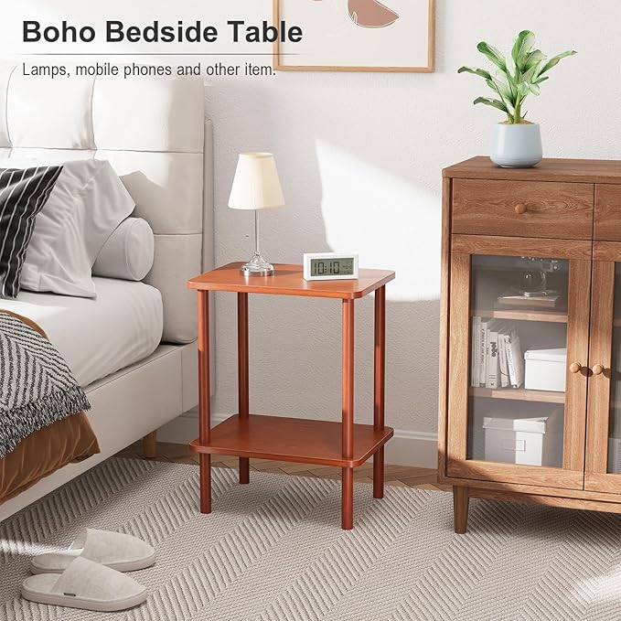 Apicizon 2 Tier End Table Set of 2, Small Side Table with Solid Wood Legs, Boho Bedside Table with Storage Shelf, Nightstand for Small Spaces, Bedroom, Living Room, Entryway, Vintage Brown