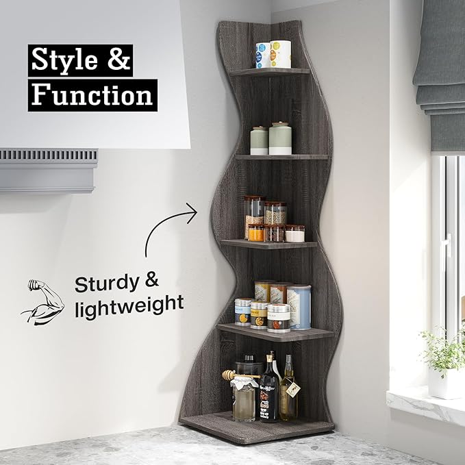 Tribesigns Corner Shelf, Modern 5-Tier Wall Corner Bookshelf, Stylish Corner Small Bookcase Storage Rack Plant Stand with Unique Shape for Living Room, Home Office