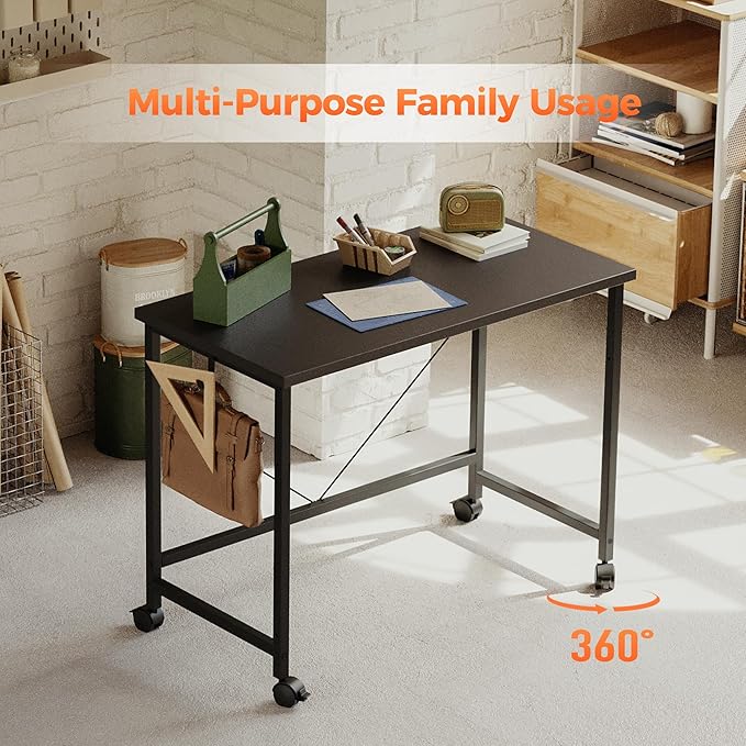 Rolling Computer Desk with Wheels, Gaming Desk for Small Spaces, Modern Simple Style Table for Home Office, Study Writing Table (Caster, Black, 24 inch)